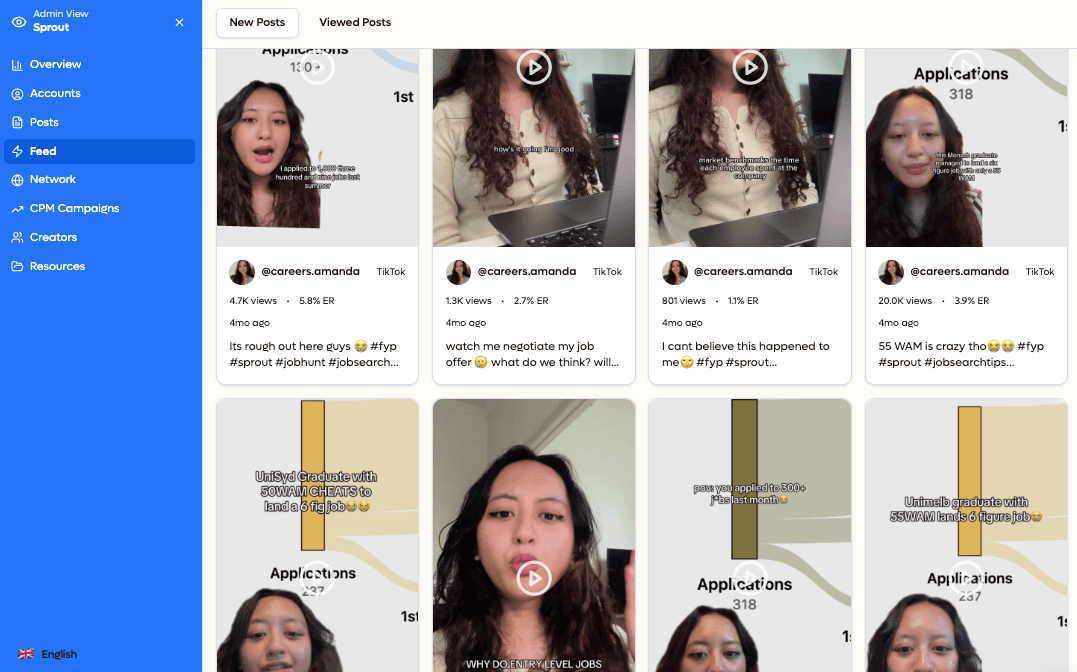 Posts feed with video thumbnails